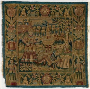 Coussin de tapisserie représentant Pyrame et Thisbé, fabriqué à Hambourg, Allemagne, vers 1615