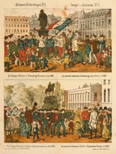 Les recrues alsaciennes à Strasbourg (Kleberplatz) en 1869 et à Berlin (Unter den Linden) en 1872, de Elsaesser Bilderbogen, publié par A. Schneider, Strasbourg, 1873