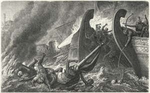 Les Byzantins utilisant le feu grégeois contre une flotte arabe attaquante