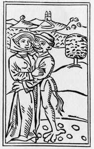 Le Diable amoureux de la sorcière (Le Baiser du Diable) - Gravure de 1489 dans « De lamiis et pythonicis mulieribus » par Ulrich Molitor