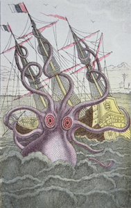 Le Kraken entraîne un navire vers le fond (gravure en couleur)