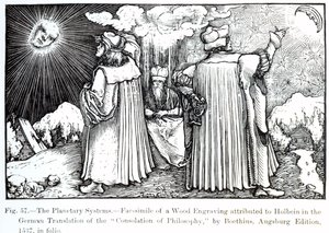 Les systèmes planétaires, de La Consolation de la Philosophie par Boèce, publié en 1537, illustration de Science et Littérature au Moyen Âge et à la Renaissance, écrit et gravé par Paul Lacroix - German School