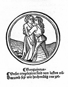 Les quatre tempéraments : le sang (chaleureux et aimable). Xylographie, Augsbourg 1480