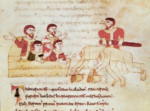 Scène de théâtre, le public à gauche applaudit la performance des acteurs. Miniature tirée du manuscrit « De Universo » (ou De rerum naturis (De la nature des choses)) (cod. 132) par Rabanus Maurus Magnentius (ca. 780-856)