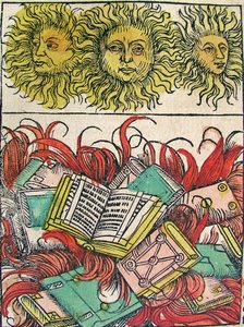 Trois soleils et brûlage de livres, publié dans la Chronique de Nuremberg, 1493