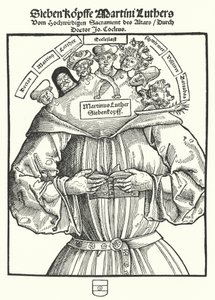 Page de titre de la brochure Les Sept Têtes de Martin Luther par Johannes Cochlaeus - German School