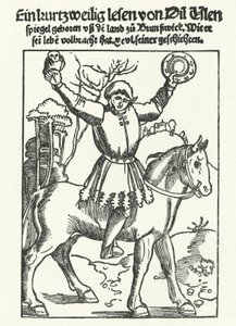 Till Eulenspiegel représenté avec une chouette et un miroir (gravure) - German School
