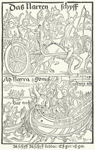 Page de titre de la première édition de La Nef des fous de Sebastian Brant, imprimée par Johann Bergmann von Olpe à Bâle en 1491 - German School