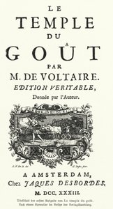 Page de titre de la première édition du Temple du Goût de Voltaire, écrivain et philosophe français