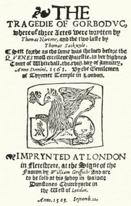 Page de titre de la première édition de The Tragedie of Gorboduc (1565) de Thomas Norton et Thomas Sackville