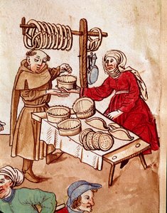 Commerce : un marchand de pain. Miniature des « Chroniques du Concile de Constance » par Ulrich Richental (1360-1437) vers 1438 Prague, Bibliothèque nationale