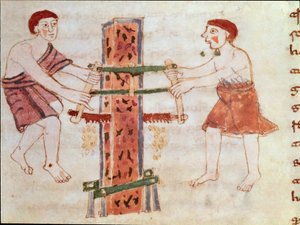Deux hommes sciant un tronc de marbre (miniature, 9e siècle)