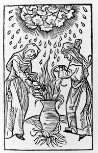 Deux sorcières préparant une potion, invoquant une tempête de grêle - grav. de « de lanijs et phitonicis mulieribus », Cologne - German School