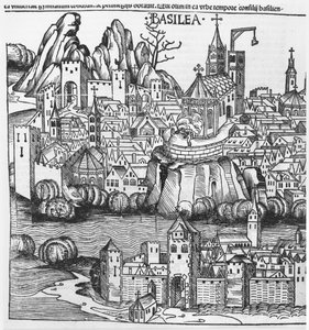 Vue de Bâle, illustration de la Chronique de Nuremberg par Hartmann Schedel (1440-1514), 1493