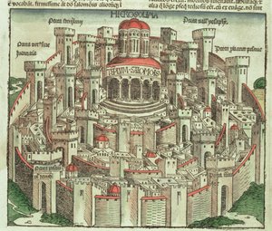 Vue de la ville fortifiée de Jérusalem montrant le Temple de Salomon et les portes de la ville, tiré de la Chronique de Nuremberg par Hartmann Schedel, 1493 - German School