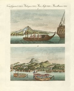 Vues de la côte du Japon à côté de véhicules japonais (gravure en couleur)