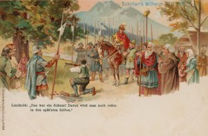 Guillaume Tell tirant sur la pomme sur la tête de son fils - German School