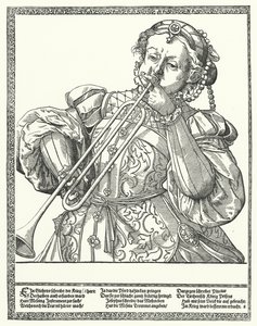 Femme jouant du trombone ou du sacqueboute (gravure)