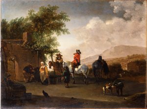 Voyageurs à cheval se rafraîchissant dans un col de montagne, dans un paysage italianisant - Gerrit Adriaensz Berckheyde