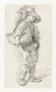 Jeune debout avec un grand chapeau, avec un panier sous le bras