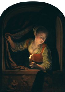 Dutch : Jeune femme avec une bougie allumée à une fenêtre - Gerrit Dou