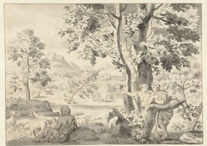 Paysage boisé avec un berger, un homme et une femme