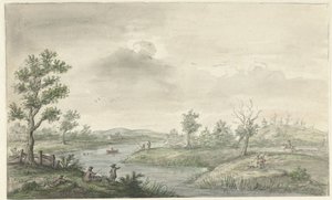 Paysage avec rivière sinueuse et pêcheurs