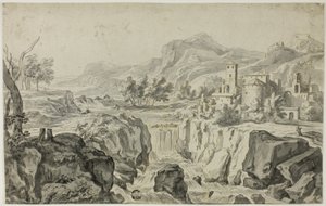 Paysage italianisant avec cascade et bâtiments - Gerrit Rademaker
