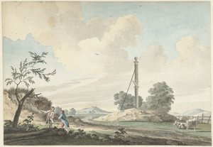 Paysage près des dunes avec une borne et deux promeneurs