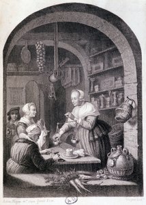 Épicier de village pesant avec une balance. sd. XVIIIe siècle