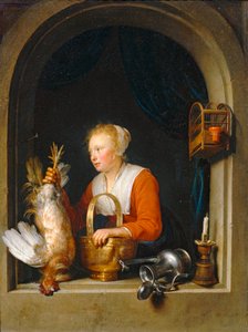 Femme accrochant un coq à sa fenetre, dit aussi La Menagère hollandaise - Woman hanging a rooster in her winrow, also called the Dutch housewife ...
