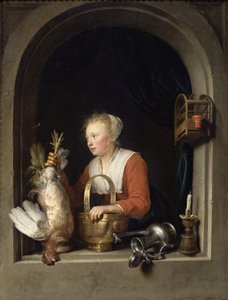 La ménagère hollandaise ou La femme suspendant un coq à la fenêtre, 1650 - Gerrit Dou