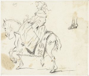 Femme à cheval, vue de côté, avec croquis d