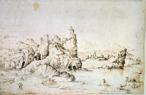 Un château sur un rocher dans un paysage montagneux, 1540