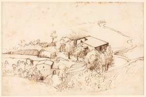 Ferme avec des arbres dans un paysage vallonné, verso, 1567 - Gherardo Cibo