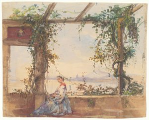Femme tenant un éventail sous une pergola, avec le Vésuve en arrière-plan - Giacinto Gigante