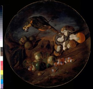 Nature morte avec champignons, fruits et perroquet