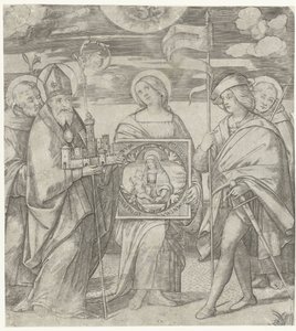 Cinq saints patrons de Bologne avec image de Marie