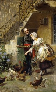 Un couple élégant nourrissant des poules dans une cour