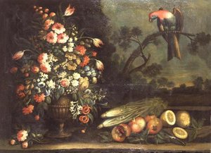 Nature morte, fleurs mélangées, légumes et perroquet - Giacomo Nani