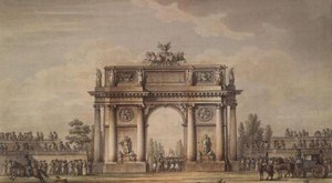 Vue des portes de Narva à Saint-Pétersbourg avec des tribunes pour spectateurs