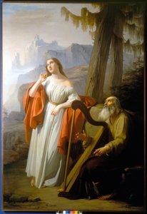 Ossian chante à Malvina les exploits de Carthoon. Peinture de Giacomo Trecourt