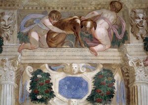 Putti avec un lévrier, guirlandes de fruits et mascarons