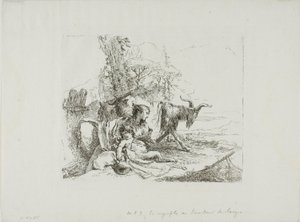Une nymphe avec un petit satyre et deux chèvres, des Capricci