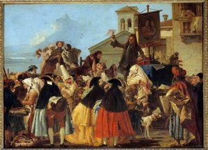 Un dentiste arrachant une dent et la brandissant comme un trophée au Carnaval de Venise