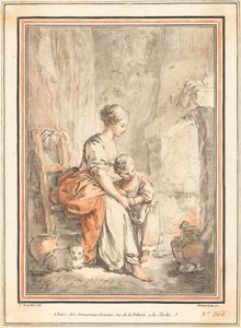 Femme et enfant devant une cheminée