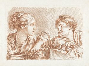 Jeune femme avec un panier de fleurs et un garçon - Gilles Demarteau