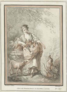 Jeune femme avec chien, coq et poule
