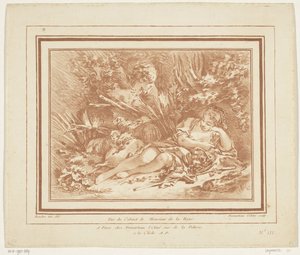 Bergère couchée avec moutons et berger avec flûte
