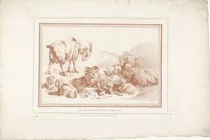 Moutons couchés avec agneaux et chèvre avec chevreaux